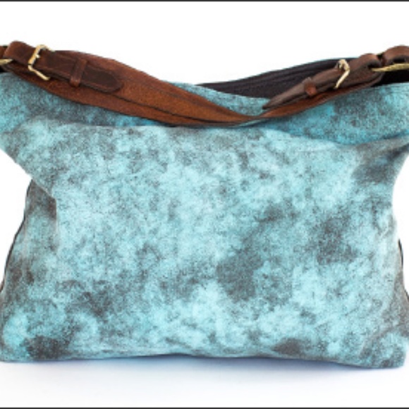 Juan Antonio Adobe Turquoise Blue Brown Leather Nubuck Weekend Boho Western Tote - Picture 3 of 16